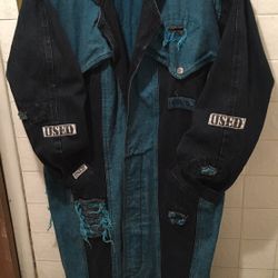 Used Distressed Green Denim Trench Jacket, Large 