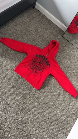 Sp5der Worldwide Red Zip Up Studded Hoodie