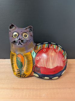 Vintage Mexican Folk Art Pottery Hand Painted Cat