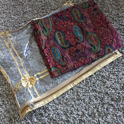 Red Silk Saree with Paisley gold, green, blue in color print