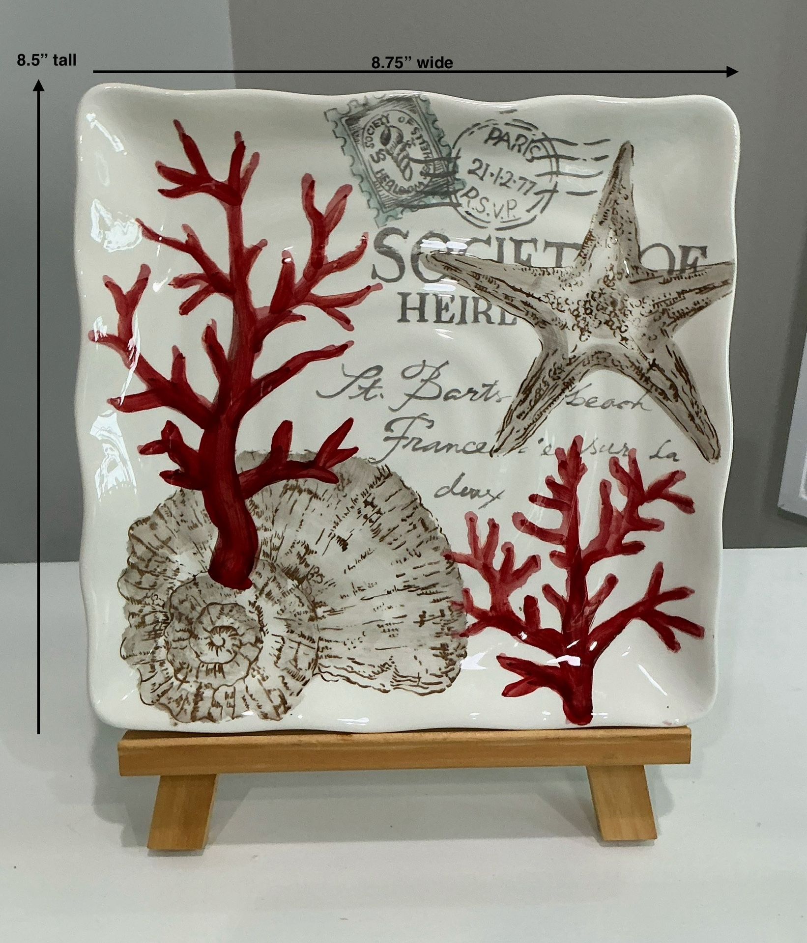 Stamp Sealife Decorative Plate by Maxcera on a Wooden Easel