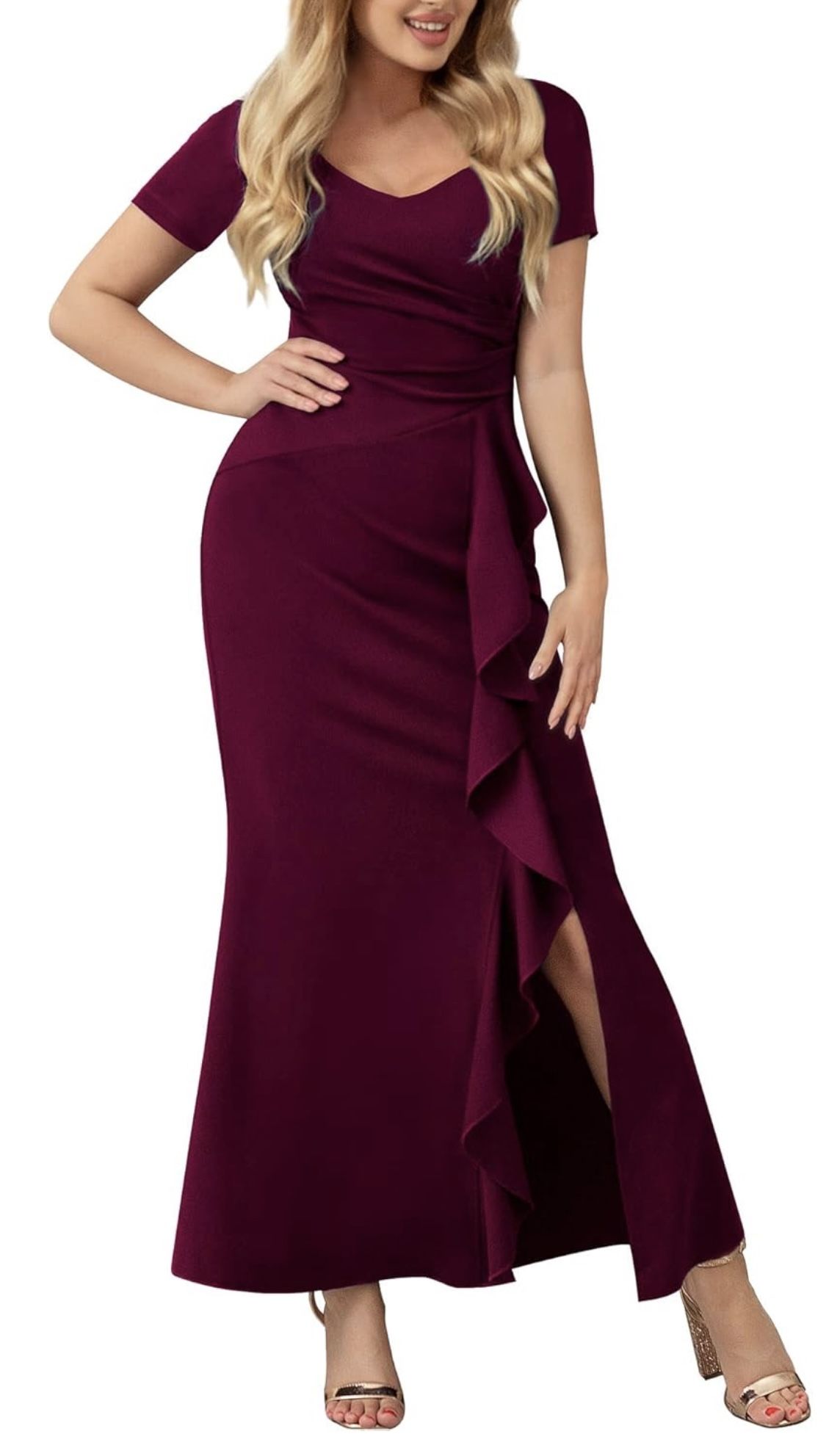 Miusol Women's Deep V-Neck Ruffle Split Evening Prom Long Dress, Size Large