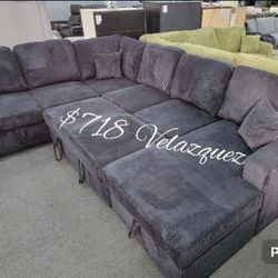 ✅️✅️4 pc Black corduroy fabric sectional sofa with storage chaise and love seat and pop up sleep area in center USB charging✅️✅️