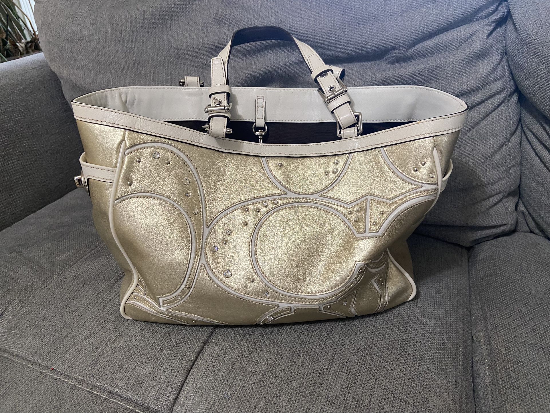 Authentic COACH Gallery Tote Handbag Purse GOLD Leather Rhinestones for