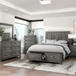 Brand New Rustic Gray Queen Storage Bedframe + Dresser + Mirror + Nightstand 4PCs Queen Bedroom Set