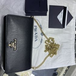 Prada Black Vitello Move Leather Wallet on Chain