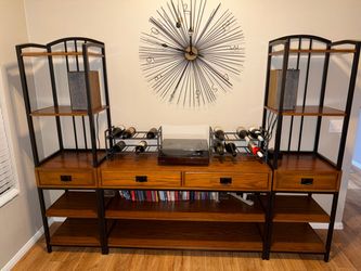 Entertainment Center + Wall Clock: Industrial Wood & Metal 3-Piece Bookcase and Console Wall Unit