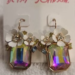 Betsey Johnson Iridescent Crystal White Floral dangle Statement Earrings