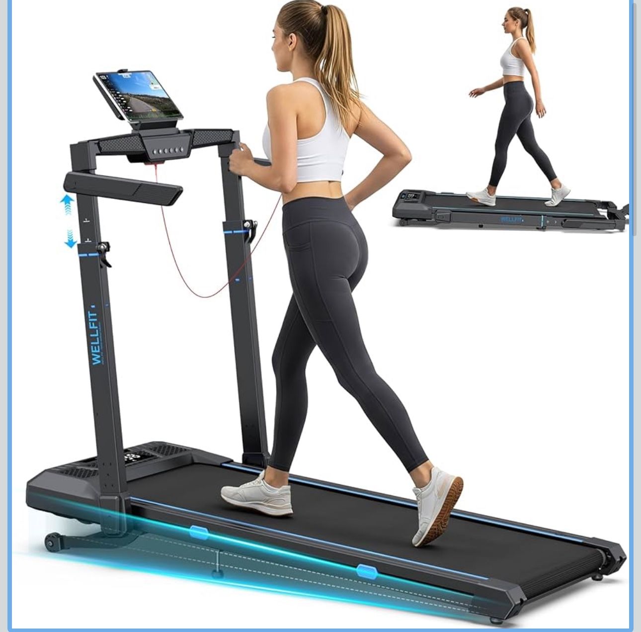 New-WELLFIT Treadmill with Auto Incline, 4 in 1 Foldable Treadmills for Home with Adjustable Height, 3.5HP Quiet Under Desk Treadmill, 350 LBS Capacit