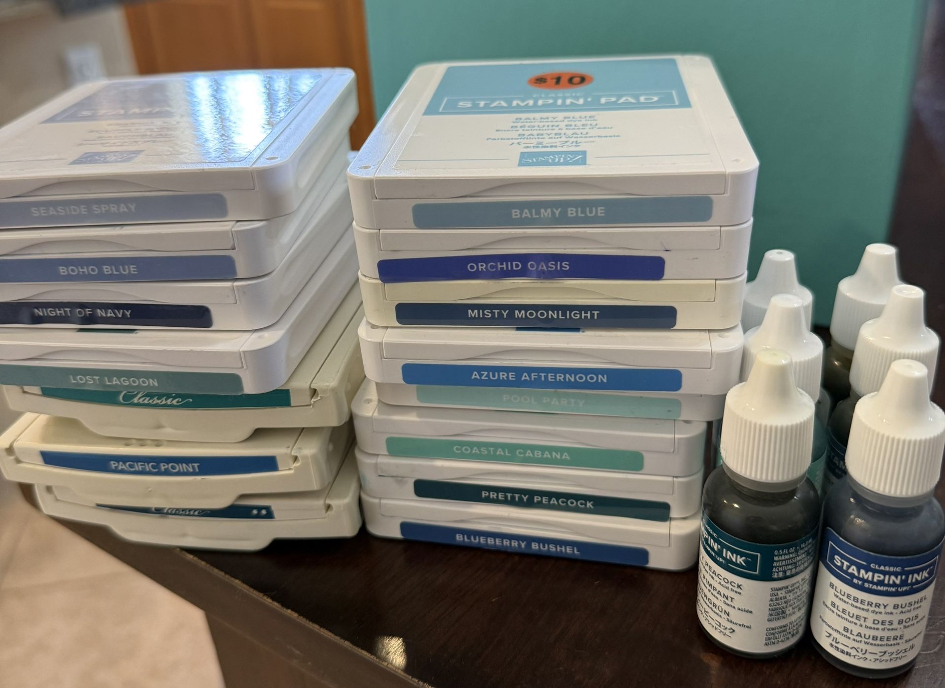 Stampin’ Up Ink Pads Lot (15 Colors) + 6 Reinkers – Blues, Teals & Retired Shades