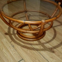 70s Rattan Coffee Table W/glass Top