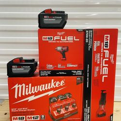 Milwaukee M18 2x 12ah Battery, 1/2” High Toque Impact Wrench, Super Sawzall And Rapid Charge Station