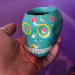 3" Tall Turquoise Colored Sugar Skull Planter