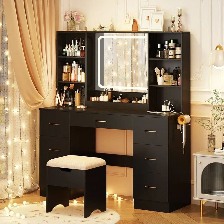 47" Large Vanity Desk with LED Lighted Mirror & Power Outlet & 7 Drawers, Makeup Vanity Table Set with Storage Stool and Hair Dryer Rack, Black