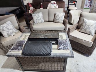 Wicker Patio Set with Fire Pit Table