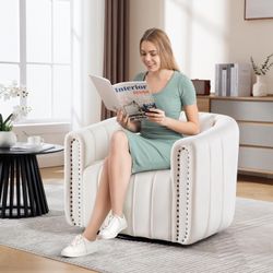 Velvet Swivel Accent Chair, Swivel Barrel Chair with Pillow, Round Swivel Armchair Comfy Sofa Chair for Living Room, Bedroom, Beige