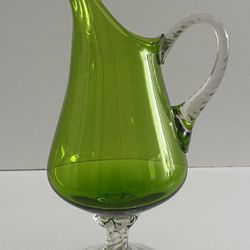 Vintage Green And Clear Glass Footed Pitcher Carafe Hand Blown Glass