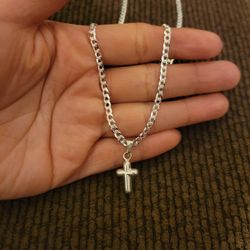 Italy 925 Sterling Silver Dainty Diamond Cut Cuban Link Necklace 18" w/ Mini Cross Charm for Women Plata 925 Cadena & Dije Para Dama 18"