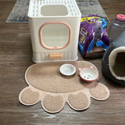 Covered litter box, litter mat, food bowls, and food storage container