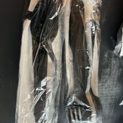 50 Wrapped Napkin Sets Of Disposable Black Cutlery Knife Spoon Fork 