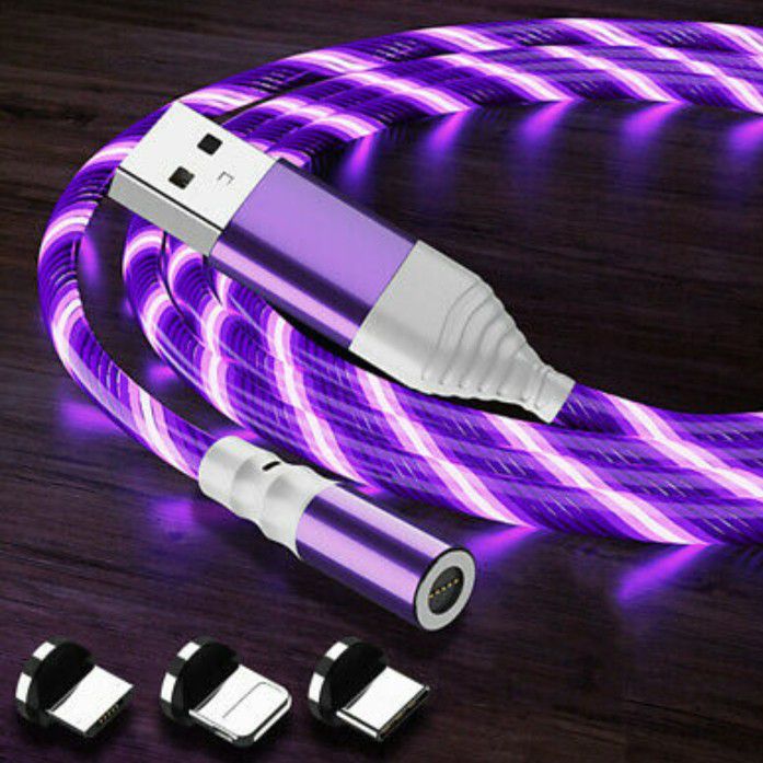 Purple glowing led magnetic 3 in 1 phone charging cable. 6.6ft