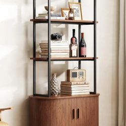 71" Tall Bookshelf, 4-Tier Book Shelf with Storage Cabinet, Modern Bookcase with Sliding Door and Adjustable Footpad, Freestanding Storage Organizer B