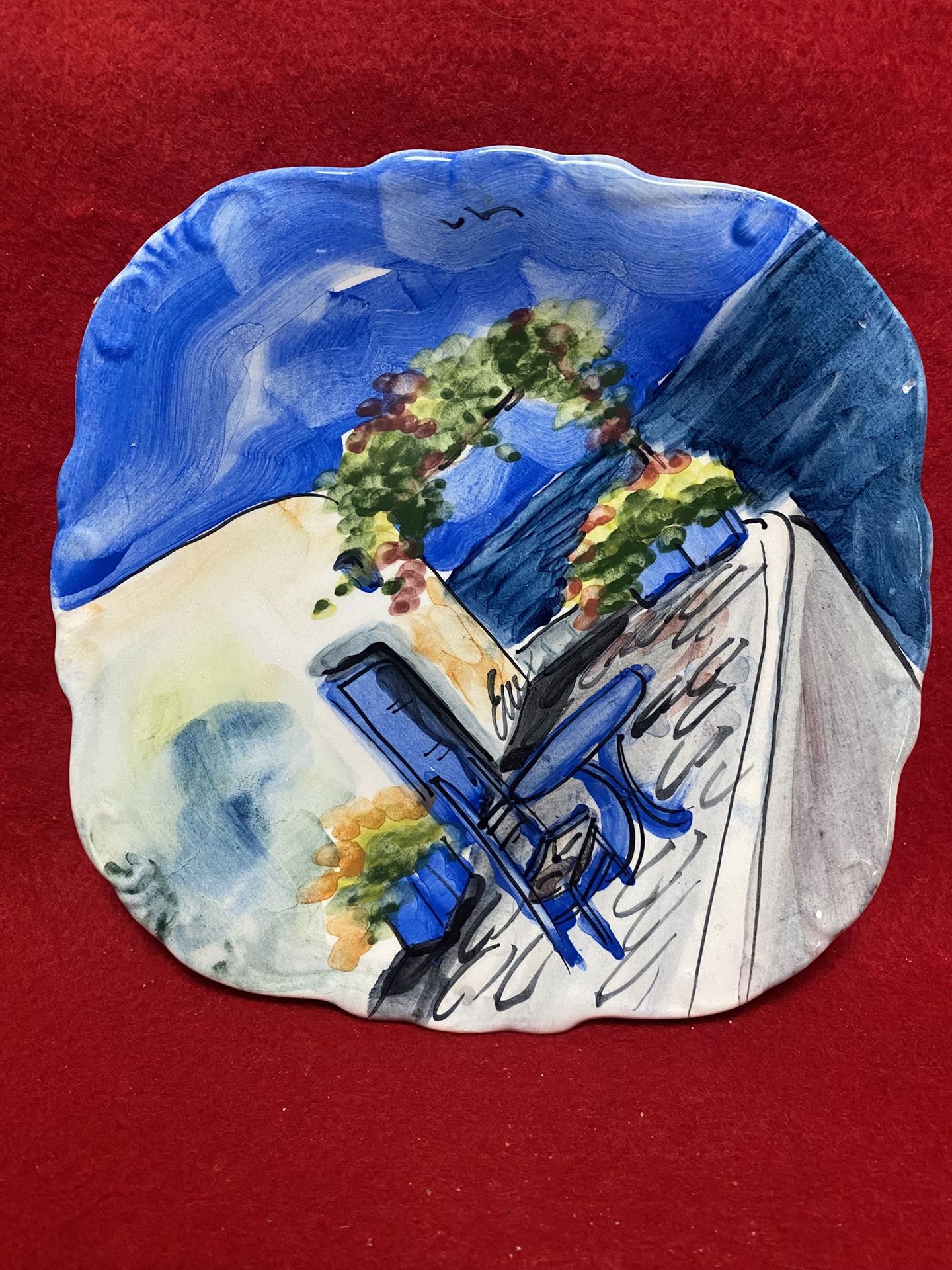 7 Inch Handmade Hand Painted Blue Ceramic Wall Hanging Plate Imported From Greece