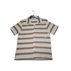 Pacific & Park Crochet Button-Up Shirt – Neutral Stripe Short Sleeve Top