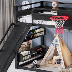 Twin XL size metal loft/bunk bed with basketball hoop, pull-up rings, climbing wall, and built-in bookshelves. Playful children's design featuring a s
