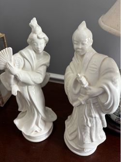 Vintage White Glazed Porcelain Asian Figurines - Geisha & Samurai Pair