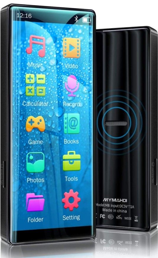 MYMAHDI MP3 Player with Bluetooth 5.0, High Resolution and Full Touch Screen, Built-in Speaker, 8GB HiFi Lossless Sound Player with FM Radio, Voice Re