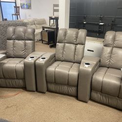 ELEGANT 3PC LEATHER POWER RECLINING  THEATER SECTIONAL