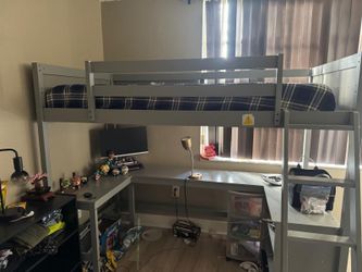 Grey Twin Size Loft Bed with L-Shaped Gaming Desk, Storage and mattress