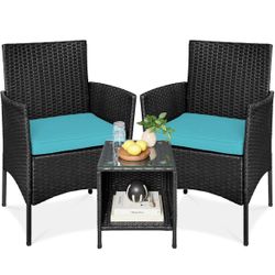 Newly Assembled 3-Piece Outdoor Wicker Conversation Bistro Set, Space Saving Patio Furniture for Garden w/Side Table