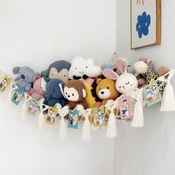 Macrame Toy Hammock - for Stuffed Animals and Plush Toys, Soft Net Storage with Wooden Photo Clips, Soft Corner Hanging Netting