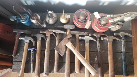 VINTAGE HAND TOOLS WOODWORKING CARPENTER AXE HAMMER SAW WRENCH VISE