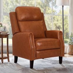 Wooden Frame Genuine Leather Recliner Push Back Recliner Chair with 3 Adjustable Backrest - Camel