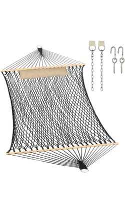 JoyView Traditional Rope Double Hammock - Hand Woven Cotton Hammock with Hardwood Spreader Bar and Pillow 450lb Capacity for Outdoor Indoor Patio Yard