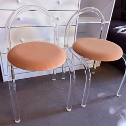Acrylic Chair Set of 2 ,Clear Chair with Velvet Cushion,Transparent Vanity Stool Makeup Chair for Bedroom Living Room Office,Pink