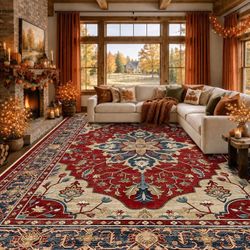 RELEANY Washable Area Rug, Large 9'x12', Red/Blue Non-Slip, Water Repellent, Pet Friendly, Easy to Clean, Vintage Floral Boho Decor for Living Room Be