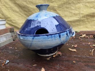 Handcrafted Blue Pottery Knitting Bowl – Yarn Holder with Lid – 12" Wide