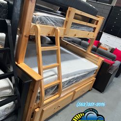 Natural Solid Pinewood Triple Bunk Bed Set With Three Mattresses 