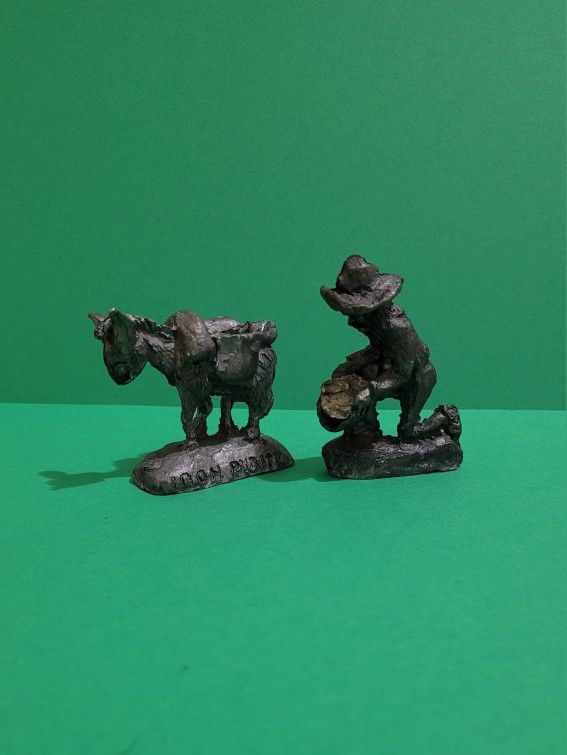 Vintage Iron Pyrite Pewter Gold Miner Donkey Mule Figurines 2.75” Set of 2.