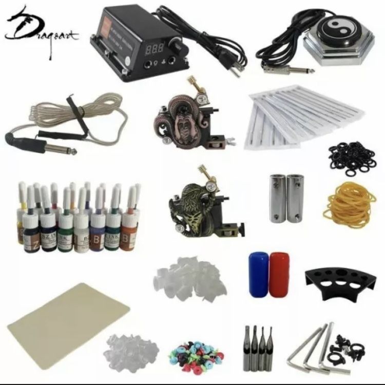 Complete Tattoo Kit 2x Tattoo Machine Gun 15x Color Inks Power Supply