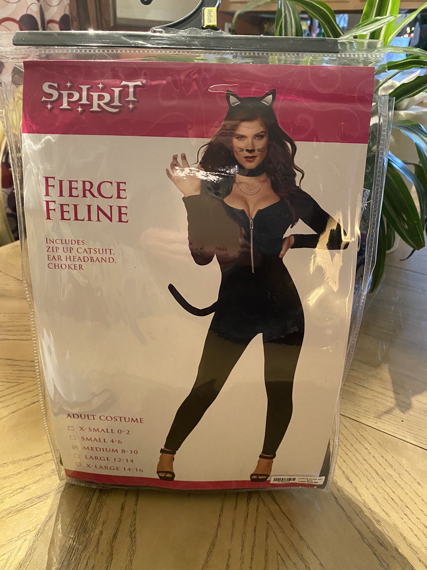 Spirit Halloween Feline women’s cat outfit with necklace and choker. If you go out and buy the cat gemstone decal for your face that will complete th