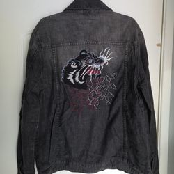 Men's Large Denim Trucker Panther Jacket New
