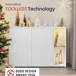 HOME Storage Cabinet, Superfast Toolless Assembly, Accent Buffet Cabinet with Lighting and Glass Shelf, Sideboard for Living Room, Snow White UBBK372W