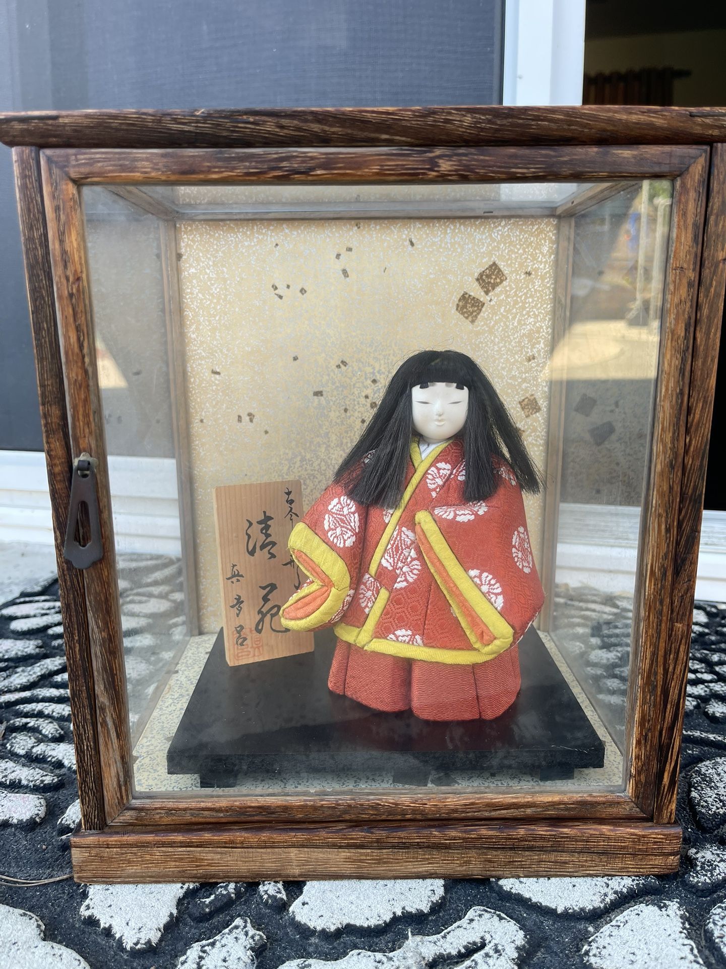 Kimekomi Doll Japanese Glass Case Decor Home Vintage