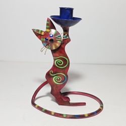 Cat Metal Candle Holder Folk Art