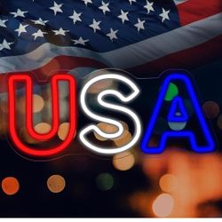 USA Neon Sign for Wall Decor,15.7"×6.7",Dimmable USB Powered Led Neon Lights,Patriotic Decorations for Party,Memorial Day Door Sign,July 4th Memorial 
